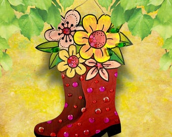 Hand Painted Wooden Garden Boots Wall Art: Funky Door Decor