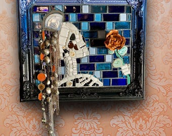 Skeleton Art,Moody Decor,Mixed Media Art,Mosaic,Cat Art, Gothic Decor,Goth