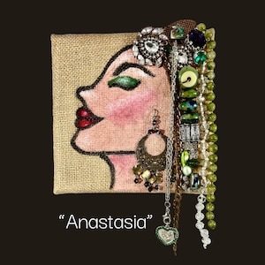 Jewel Heads Burlap Canvas Art: Repurposed Jewelry Assemblage