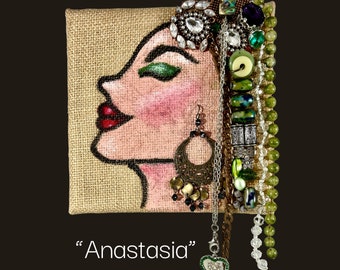 Jewel Heads Burlap Canvas Art: Repurposed Jewelry Assemblage