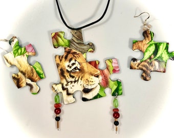 Puzzle Piece Necklace and Earring Set: Jungle Animal Jewelry