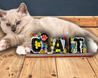 Recycled Rubber Stamp Pet Mosaic: Cat or Dog Shelf Art