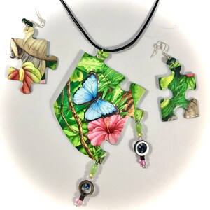 Puzzle Piece Necklace & Earring Set: Jungle Animal Jewelry