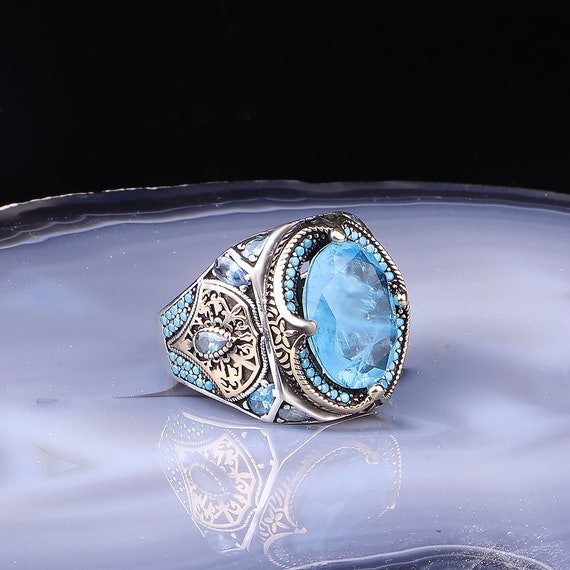 Aqua Marine Stone 925 Sterling Silver Men's Ring Fine - Etsy