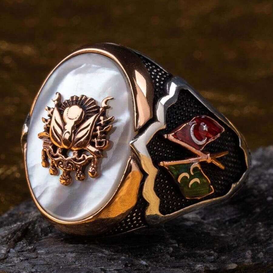 Ensign and Flag White Mother of Pearl Stone Silver Ottoman Ring
