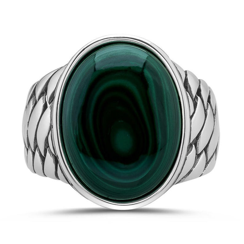 925 Sterling Silver 20mm Oval Green Malachite Stone Mens Ring size 9 10 11 12 13 