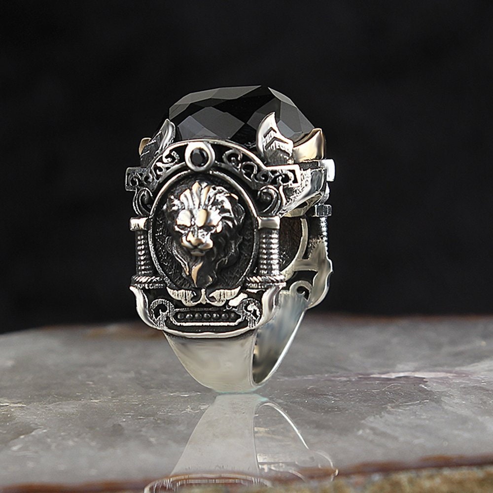 925 Sterling Silver Men's Ring With Lion Symbol Crystal - Etsy