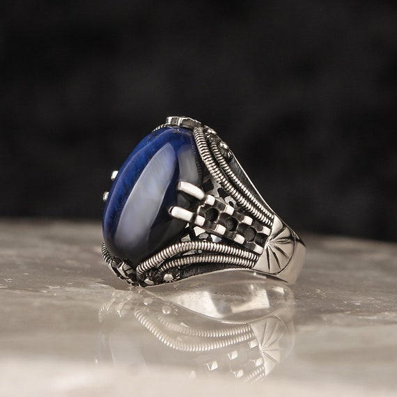 Navy Blue Zircon Stone 925 Sterling Silver Mens Ring Fine | Etsy
