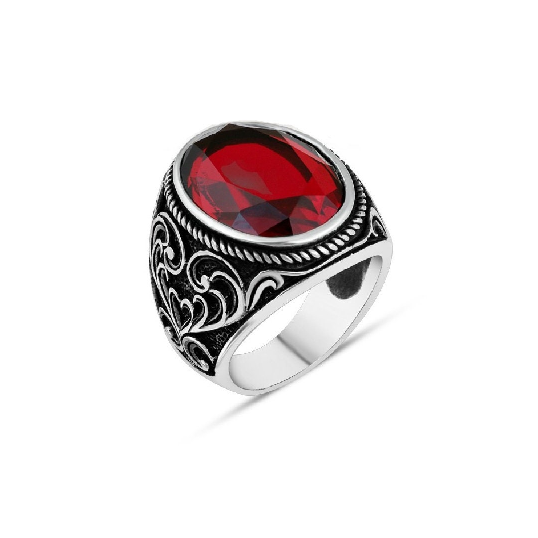 Faceted Red Zircon Stone Sterling Silver Mens Ring Handmade - Etsy