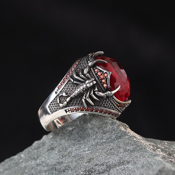 Real 925 Sterling Silver Ring Garnet Scorpion Men's Adjustable Size 7 to 11 
