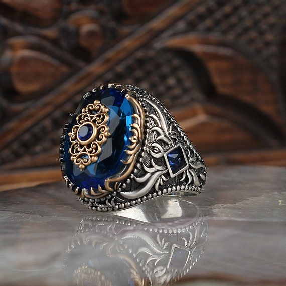 Aqua Stone Silver Men Ring Fine Jewelry Fashion Rings for Men 