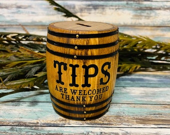 Whiskey barrel banks. Personalized gift. Rustic handmade furniture. Fathers Day.  Piggy banks. Handmade gift. Vacation gift. Whiskey decor.