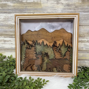 Personalized Bear and deer in the woods scene shadow box. Great Father’s Day gift. Wood scene decor. Rustic home decorations.