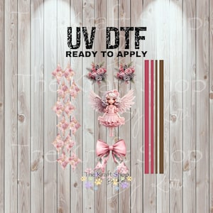 May include: UV DTF ready to apply. The image features a collection of pink and floral designs. Included are a fairy figurine, bows, floral arrangements, and vertical stripes. The text "The Kraft Shop By Lori" is also visible.