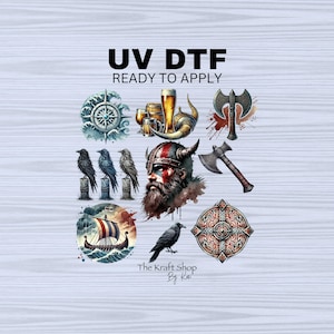 May include: A set of nine digital downloads for crafting, featuring Viking-themed illustrations. The designs include a compass, a horned helmet, a viking ship, axes, ravens, and a shield. The text "UV DTF READY TO APPLY" is at the top of the image. The text "The Kraft Shop By Kai" is at the bottom of the image.