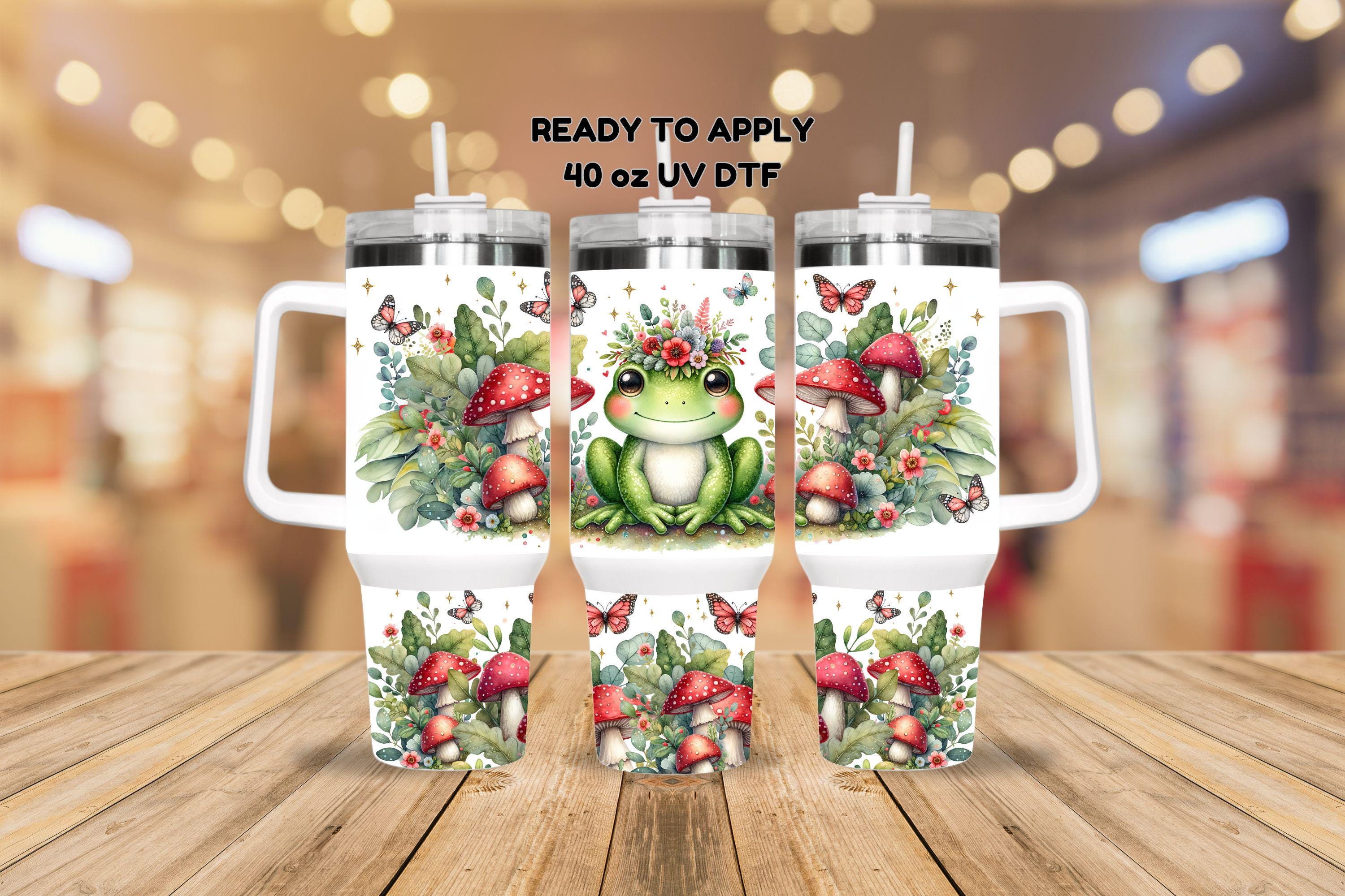 UV DTF 40 oz ready to apply Mushroom Frog floral wrap. Permanent sticker. UV wrap quencher  #3027