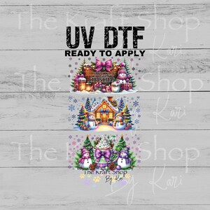 May include: UV DTF transfers featuring three Christmas-themed designs. The top design shows a festive scene with snowmen, gifts, and a sign that says "Merry Christmas." The middle design depicts a gingerbread house with snowmen. The bottom design shows snowmen and a cup of hot chocolate.