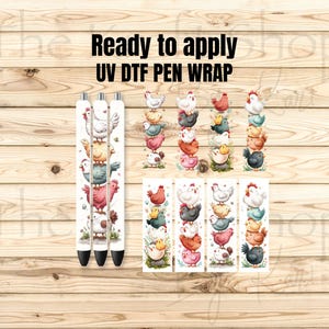 May include: UV DTF pen wraps featuring a watercolor design of stacked chickens in various colors. The wraps are ready to apply and include the text "Ready to apply UV DTF PEN WRAP". The image is set against a wooden background.