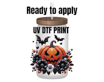 UV DTF Sticker print Pumpkin rhinestone Halloween and fall decal, tumbler decal, permanent sticker. Uv wrap for glass can tumbler. #7011