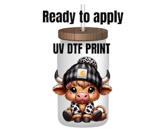 UV DTF Sticker print. Baby Cow with a cute hat decal, tumbler decal, permanent sticker. Uv wrap for glass can tumbler. #1024
