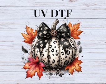 UV DTF Sticker print Cheetah pumpkin with fall leaves and bow cute decal, tumbler decal, permanent sticker.  #7111