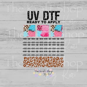 May include: UV DTF (UV Direct to Film) transfers with various designs. Includes leopard print, polka dots, and abstract patterns in pink, blue, and brown. Text reads "READY TO APPLY".