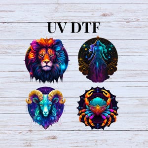 May include: Four colorful zodiac signs with a galaxy background. The signs are Leo, Gemini, Aries, and Cancer.