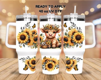 UV DTF 40 oz ready to apply Sunflower cow floral wrap  Glass can wrap. Permanent sticker. UV wrap quencher  #3028