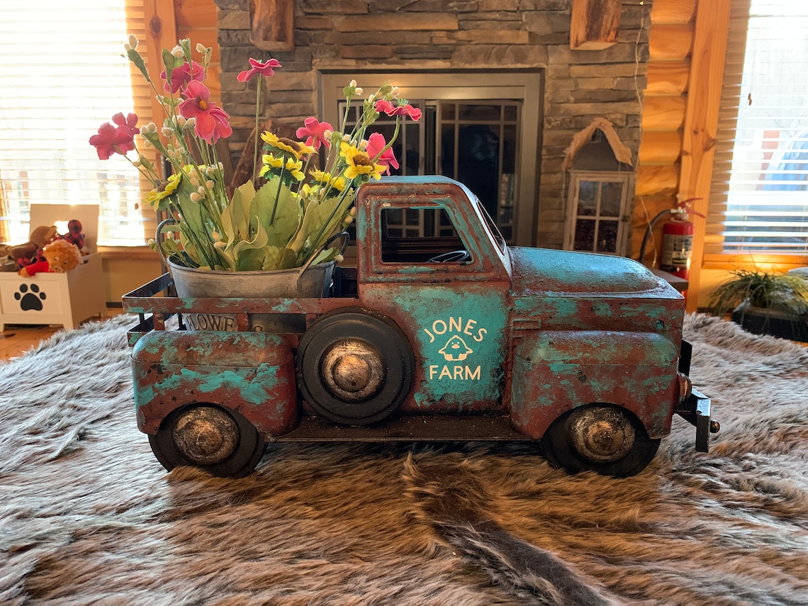 Personalized huge rustic farmhouse spring metal truck. Decor. Etsy