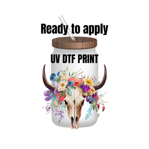 UV DTF Sticker print. Colorful Flowers cow skull decal, tumbler decal, permanent sticker. UV wrap for glass can tumbler. #2007