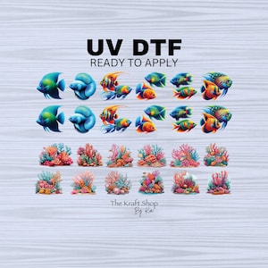 May include: A set of 18 UV DTF iron-on transfers featuring colorful fish and coral reef designs. The transfers are ready to apply to fabric.
