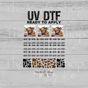 May include: UV DTF transfers featuring Highland cow designs with bows, along with heart and cow print patterns. The text "READY TO APPLY" is included. The Kraft Shop by Kari logo is also visible.