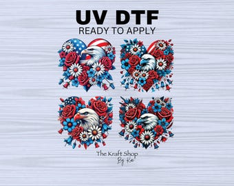 UV DTF Sticker prints. Heart Eagle Patriotic 4th of July bundle of 4 decals, permanent sticker.#7314