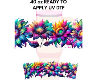 UV DTF 40 oz ready to apply Neon Sunflower decal , quencher tumbler decal, permanent sticker. UV wrap quenchers . #3016