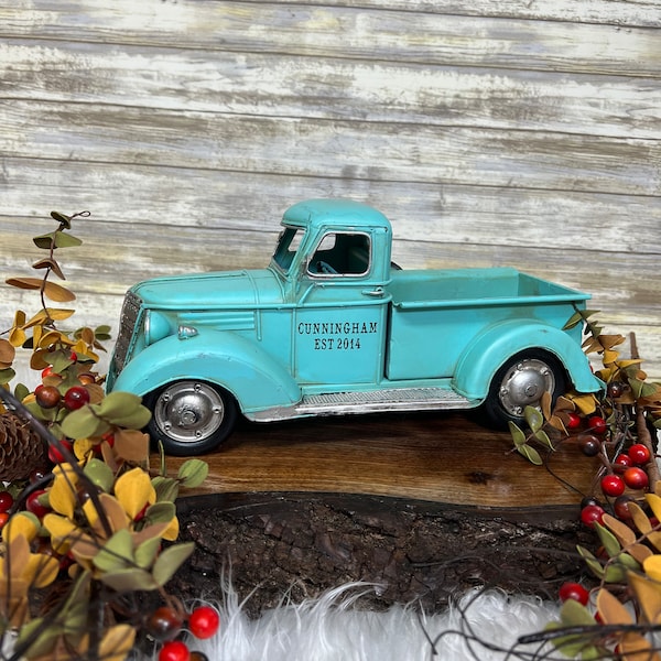 Personalized teal metal truck. Table decor. Distressed teal truck.