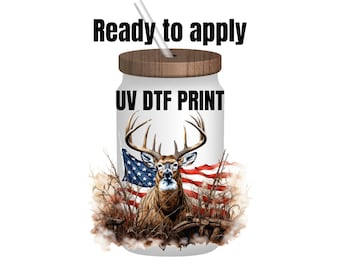 UV DTF Sticker print. Deer and Flag decal, tumbler decal, permanent sticker. UV wrap for glass can tumbler. #1009