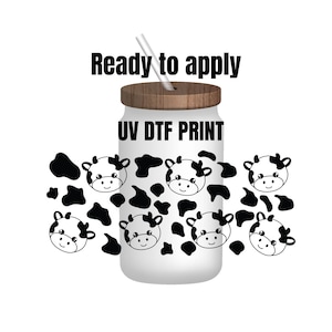 UV DTF Sticker print. Cow glass can with cow spot wrap decal, tumbler decal. UV wrap for glass can tumbler. #5113