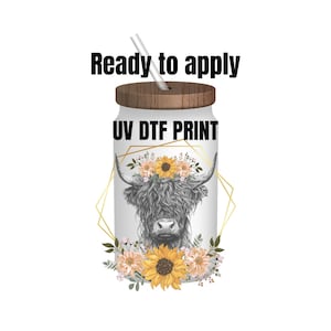 UV DTF Sticker print. Grey cow with Flowers decal, tumbler decal, permanent sticker. UV wrap for glass can tumbler. #1012