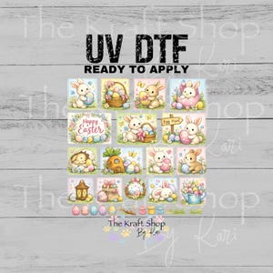 May include: A sheet of UV DTF transfers featuring Easter-themed designs. The designs include bunnies, Easter eggs, baskets, and the text "Happy Easter" and "Egg Hunt". The sheet also includes the text "READY TO APPLY".