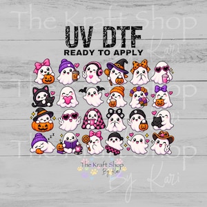 May include: A sheet of UV DTF ready to apply transfers featuring a collection of twenty-five cartoon ghost illustrations. The ghosts are depicted in various activities, wearing hats, bows, and accessories, with pumpkins, cats, and drinks in vibrant colors.