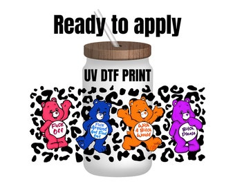 UV DTF Sticker print. Ready to apply! Cheetah swear bears wrap decal, tumbler decal, permanent sticker. UV wrap for glass can tumbler. #5015