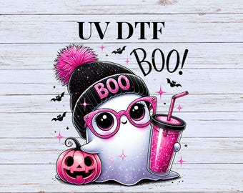 UV DTF Sticker print Pink Boo Ghost with beanie cute decal, tumbler decal, permanent sticker.  #7109