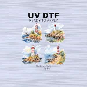 May include: Four watercolor illustrations of red and white striped lighthouses on rocky islands with blue water and clouds. The text "UV DTF READY TO APPLY" is at the top of the image. The text "The Kraft Shop By Kai" is at the bottom of the image.