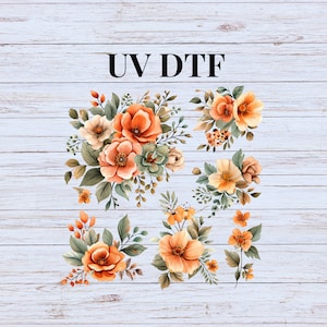May include: A set of six digital clipart images featuring orange and white floral bouquets with green leaves. The text "UV DTF" is displayed at the top of the image.
