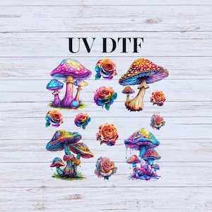 May include: A set of colorful mushroom and flower illustrations. The mushrooms are in various shades of pink, purple, blue, and green. The flowers are in shades of pink, yellow, and orange. The text "UV DTF" is at the top of the image.