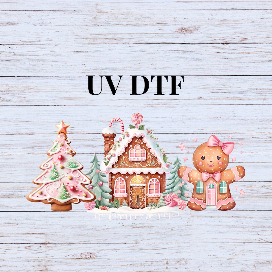 UV DTF Sticker Print Christmas Gingerbread House Pink Wrap Decal ...