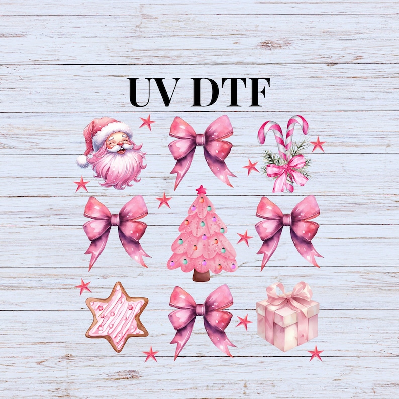 UV DTF Sticker Print. Pink Christmas Coquette With Santa, Cookies ...