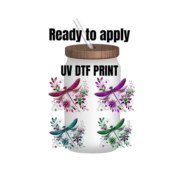 UV DTF Sticker print. Teal Dragonfly decal, tumbler decal, permanent sticker. UV wrap for glass can tumbler. #1010