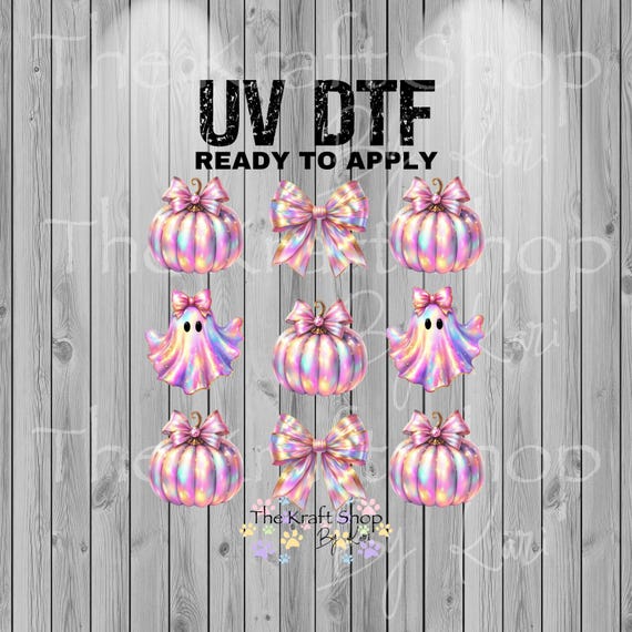UV DTF Sticker print Iridescent pumpkins and bows Halloween decal, tumbler decal, permanent sticker.  #7373