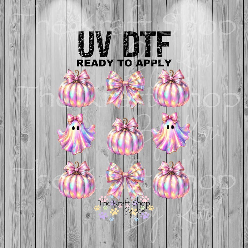 May include: UV DTF ready to apply sheet featuring colorful pumpkins, bows, and ghosts. The pumpkins and ghosts have a shimmering, iridescent effect. The bows are pink. The background is a gray and white wood grain.